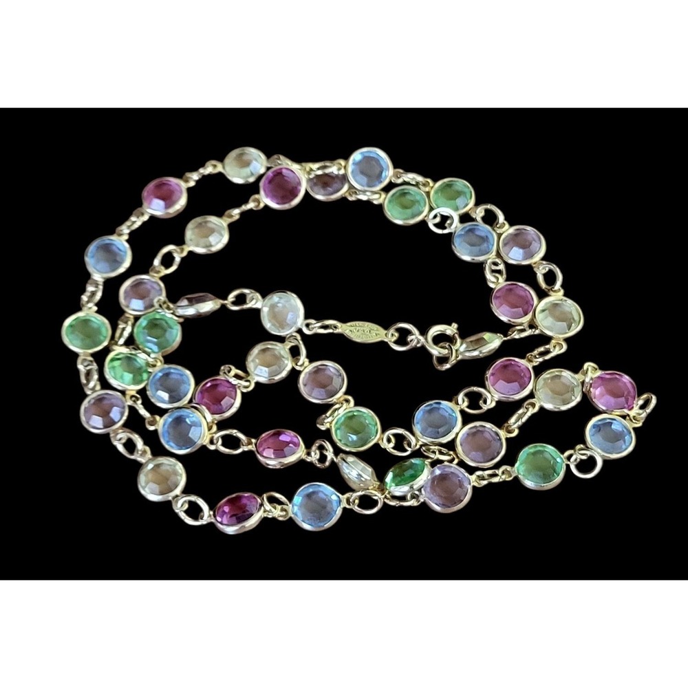 Vintage Pastel Austrian Crystal USA Bezel Set Station Chain Necklace 25 Inch